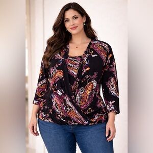 Elementz Black and Purple Paisley Blouse Size 2X